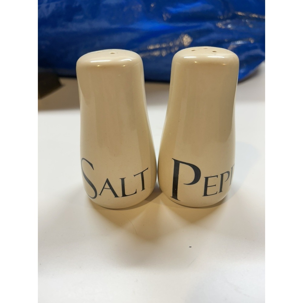 Retro 1980s Beige Salt And Pepper Set Great Graphic Lettering Font 3‎ 3/4" Tall